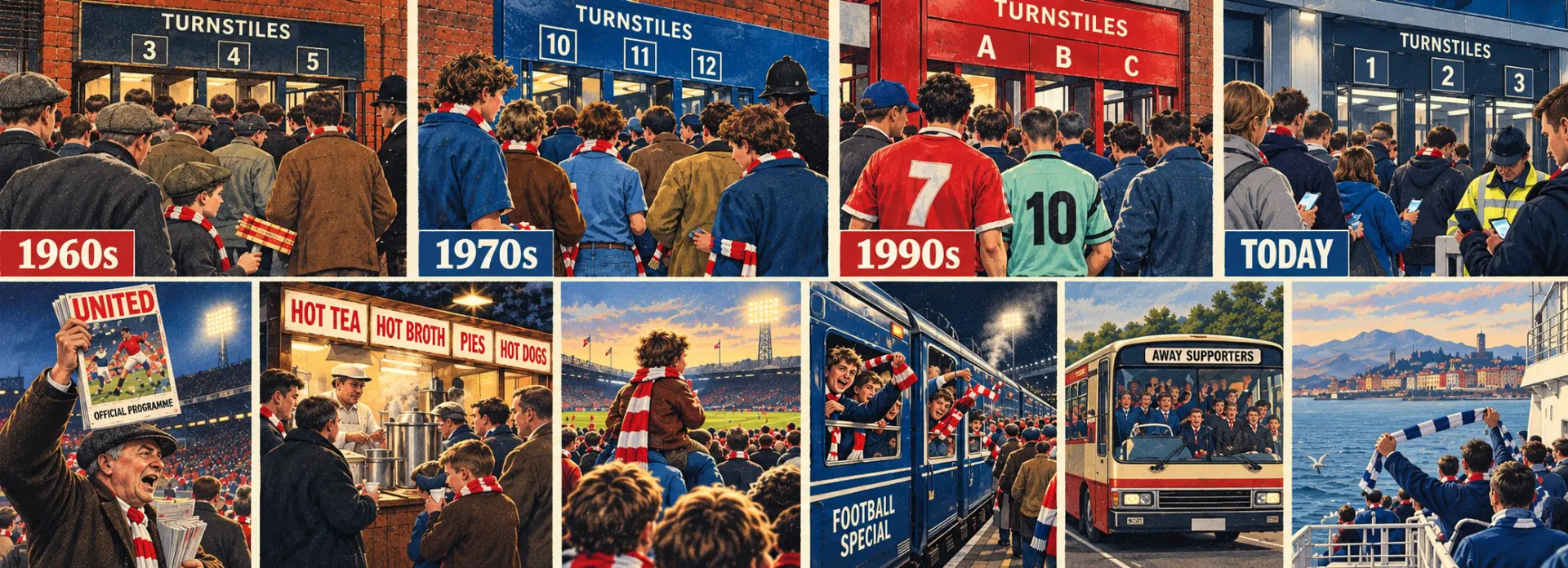 Matchday scenes through the decades — turnstiles, programme sellers, a tea stand, the terraces, the football special, the away-day bus