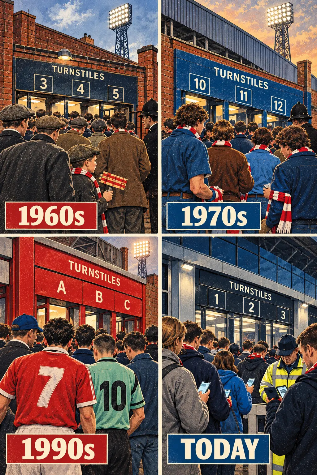 Four turnstile scenes through the decades — 1960s flat caps, 1970s denim, 1990s replica shirts, today's digital tickets on phones